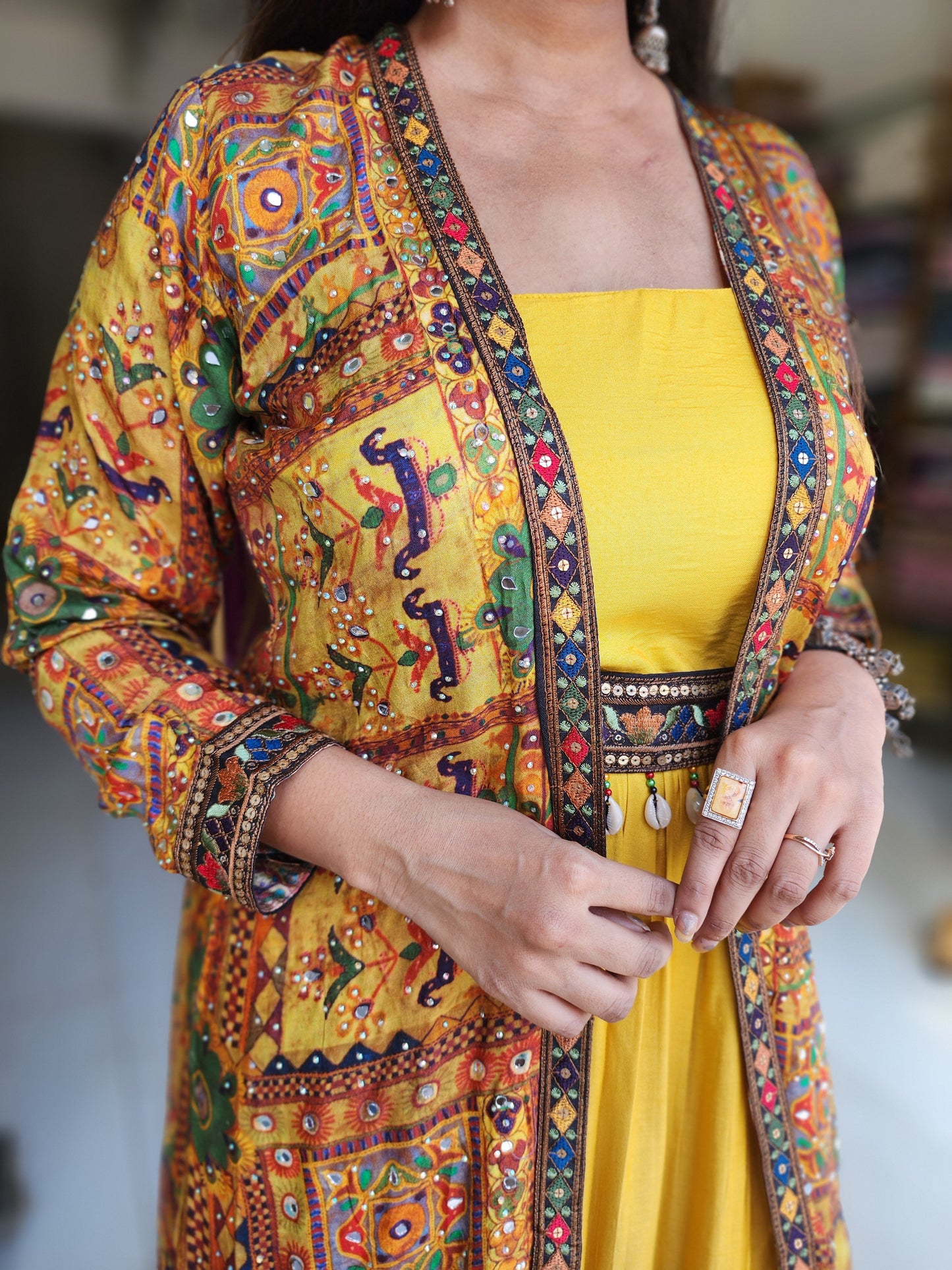 Boho look yellow indowestern maxi with jacket and belt