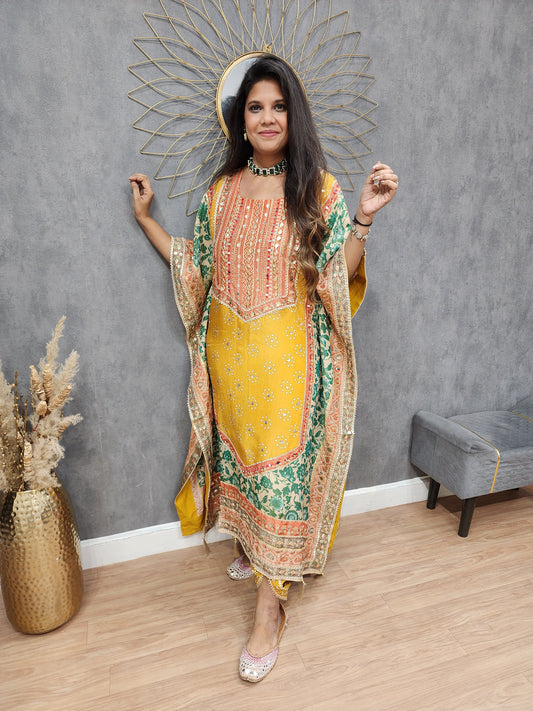 Rajgharana multi colour kaftaan with tulip pant