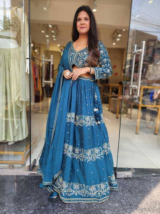 Teal blue Embroided lehenga