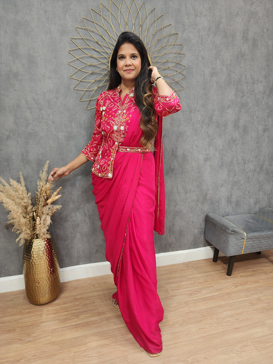 Hotpink Bandhani print high low blouse drape saree with belt