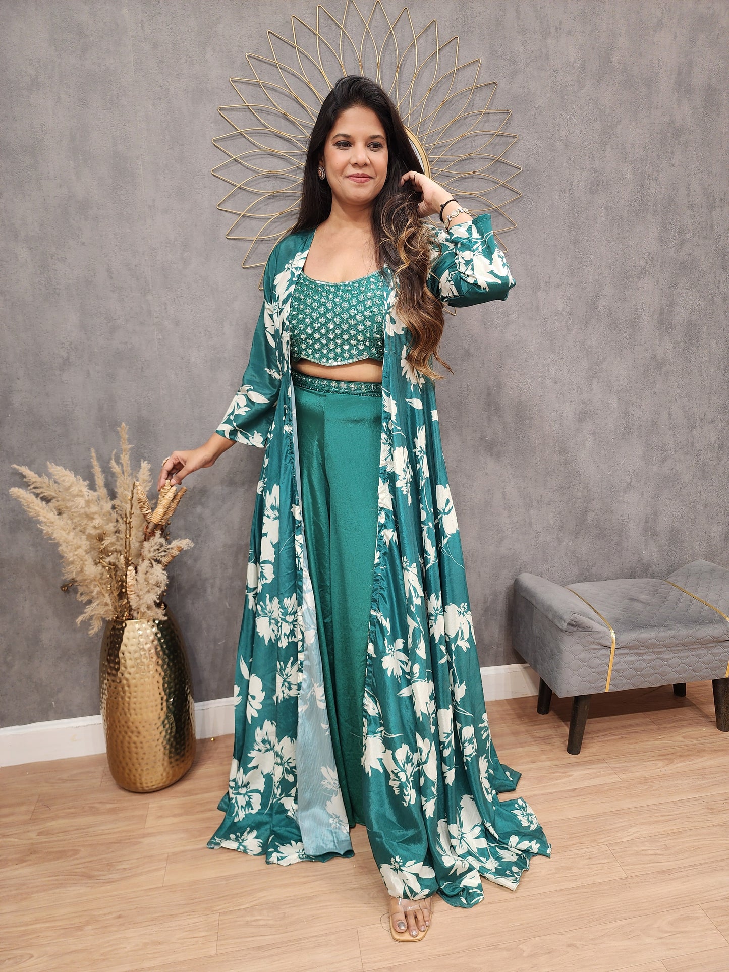 Green floral jacket indowestern dress