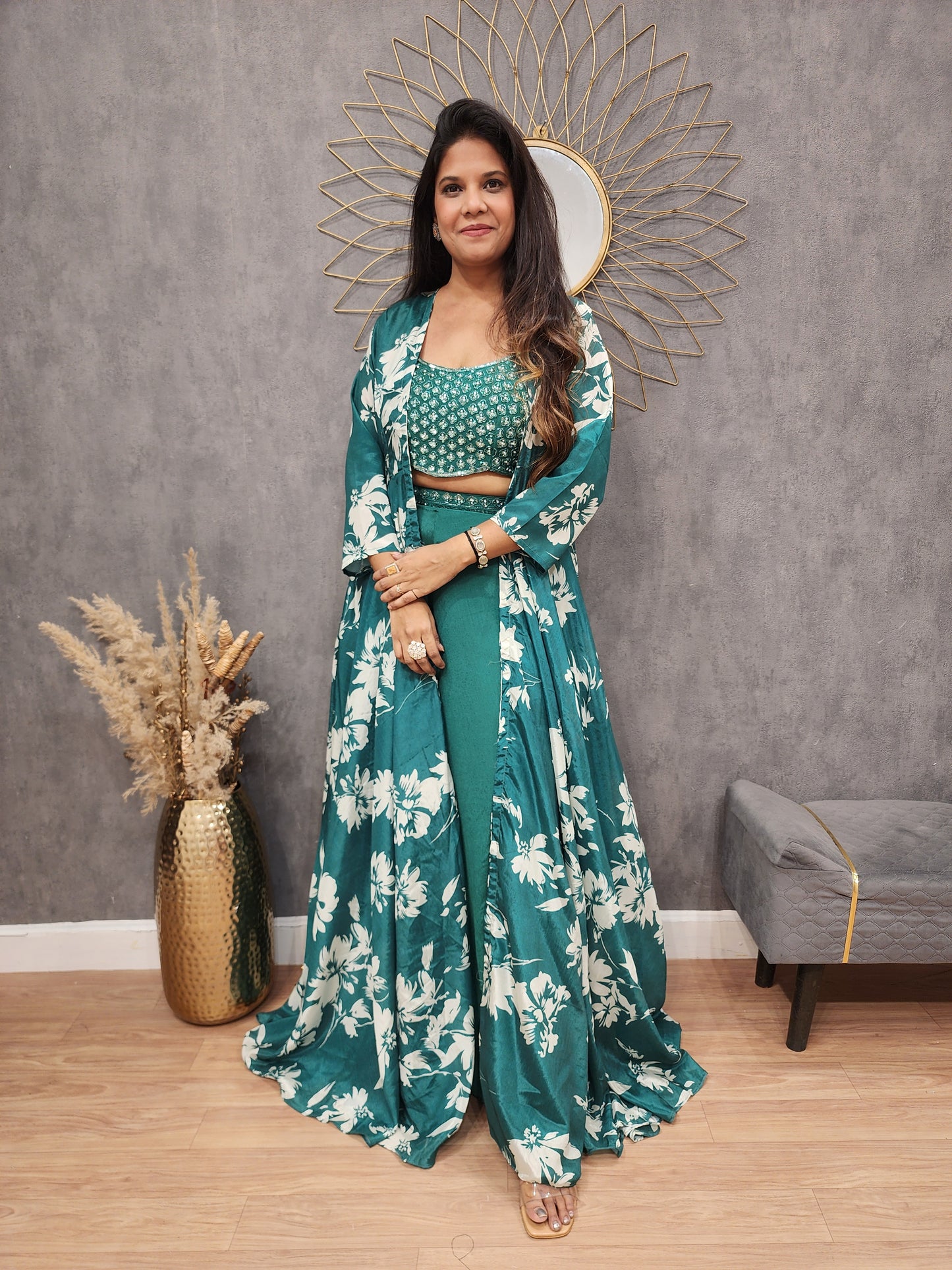 Green floral jacket indowestern dress