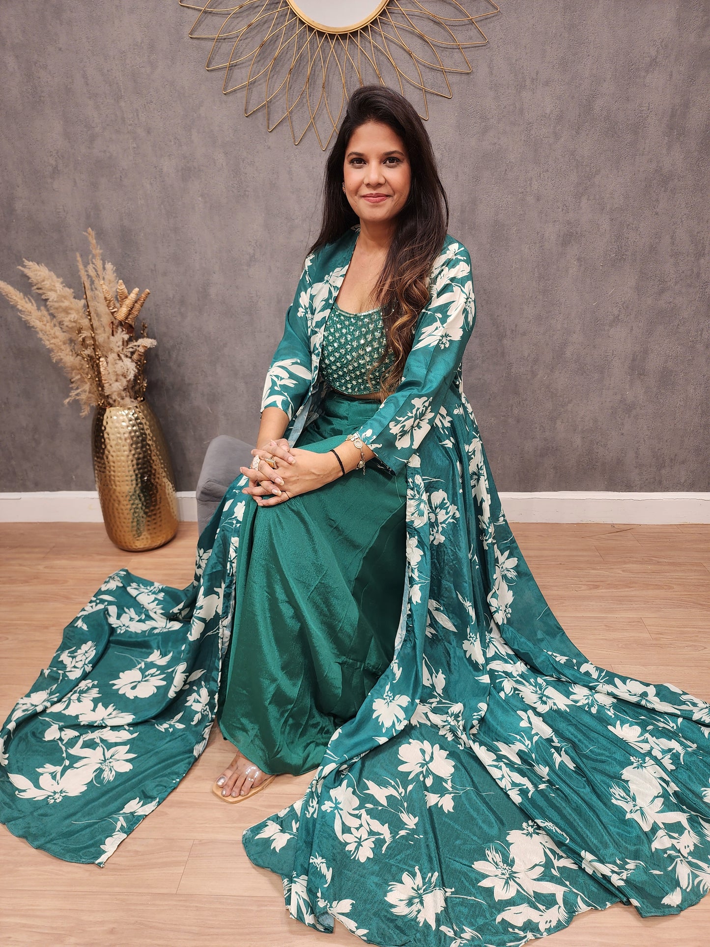 Green floral jacket indowestern dress