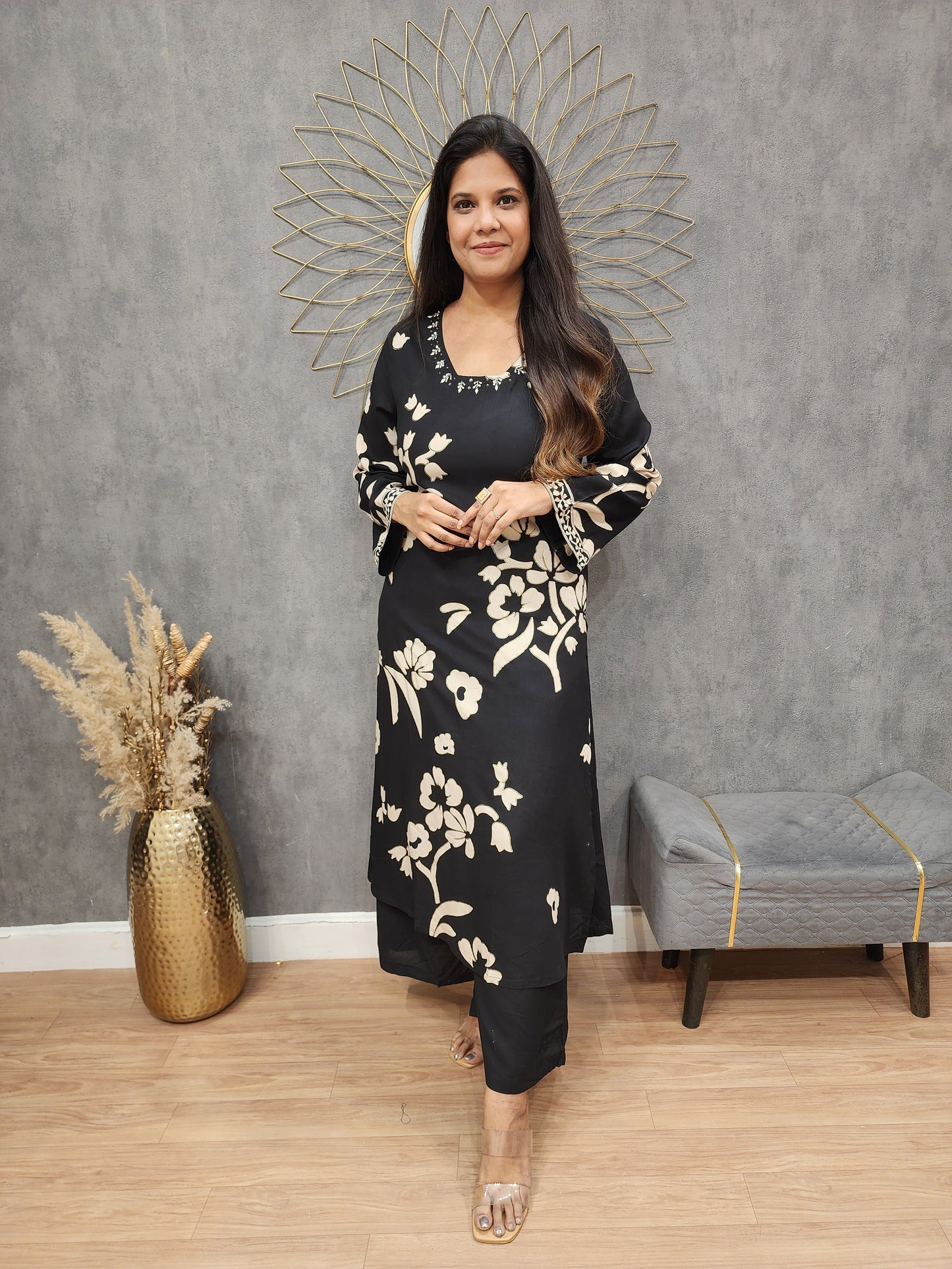 Rehmat Black printed A-line kurta suit with plazo