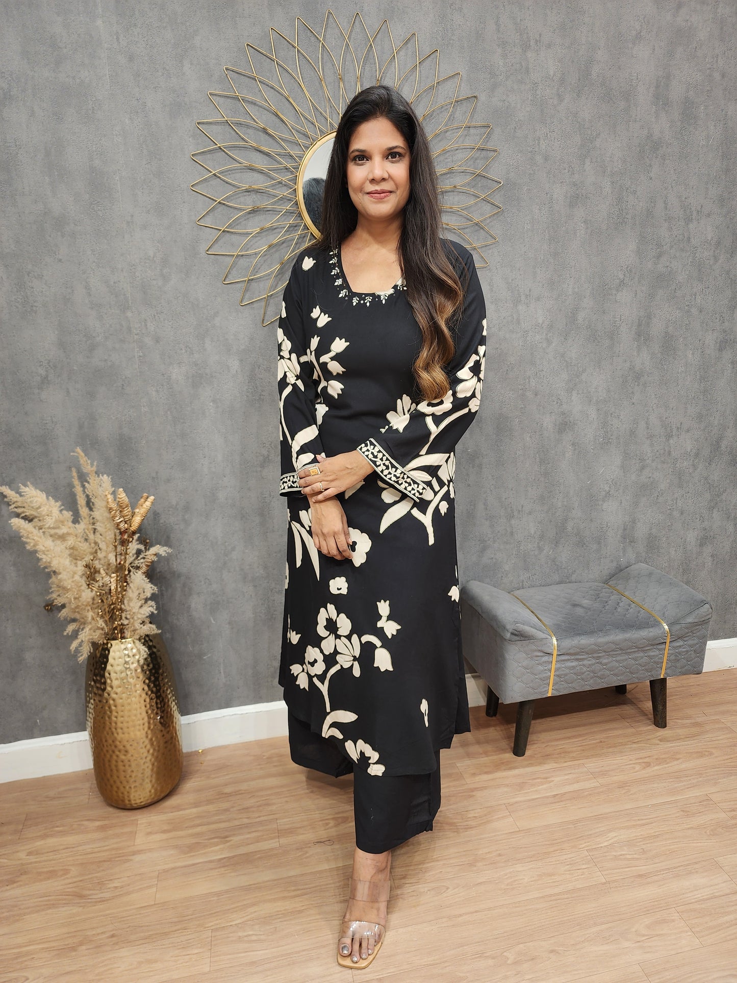 Rehmat Black printed A-line kurta suit with plazo