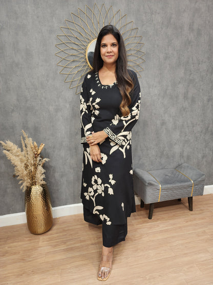 Rehmat Black printed A-line kurta suit with plazo