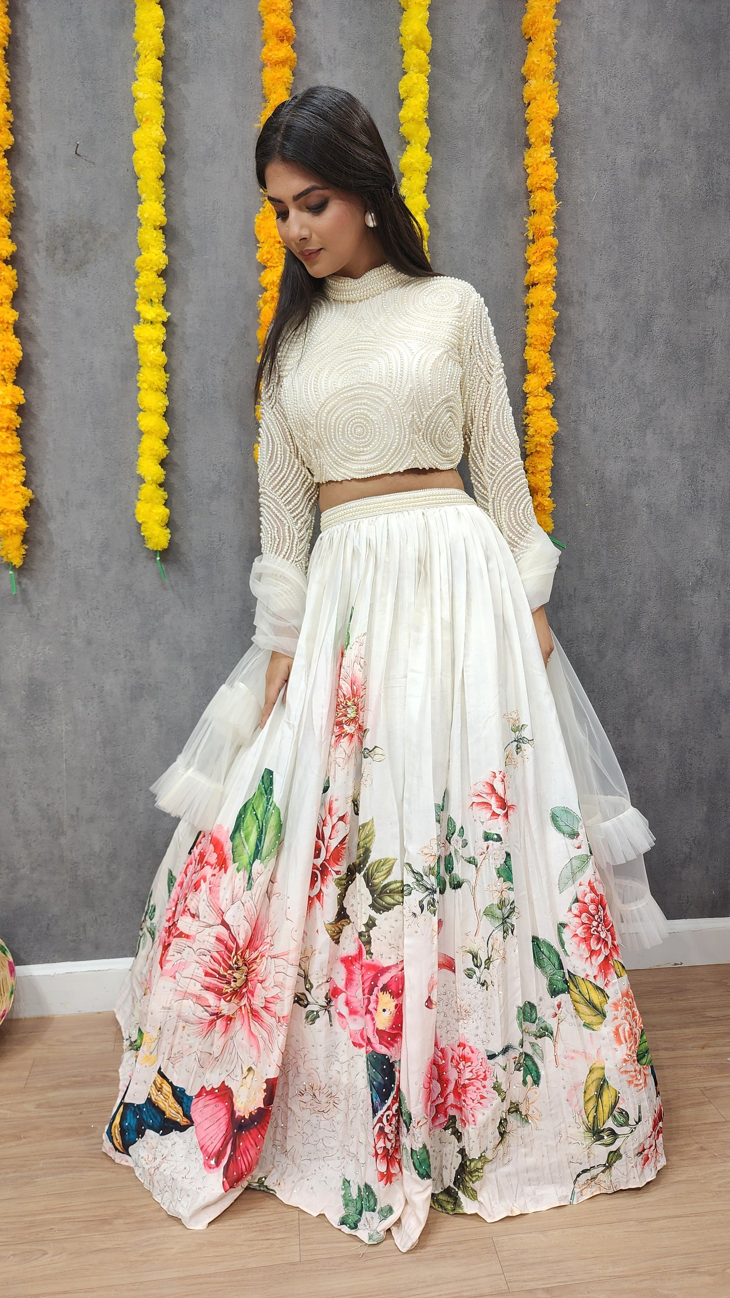 Glam off-white beads floral print lehenga