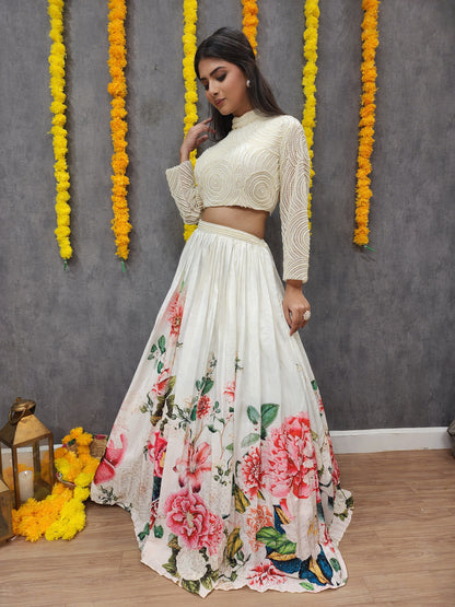 Glam off-white beads floral print lehenga