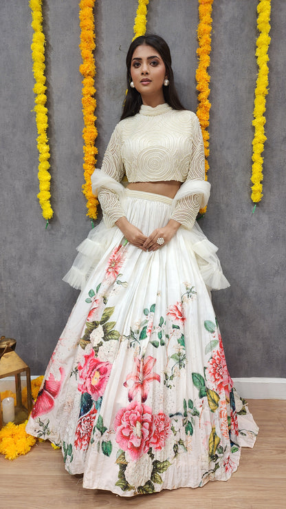 Glam off-white beads floral print lehenga