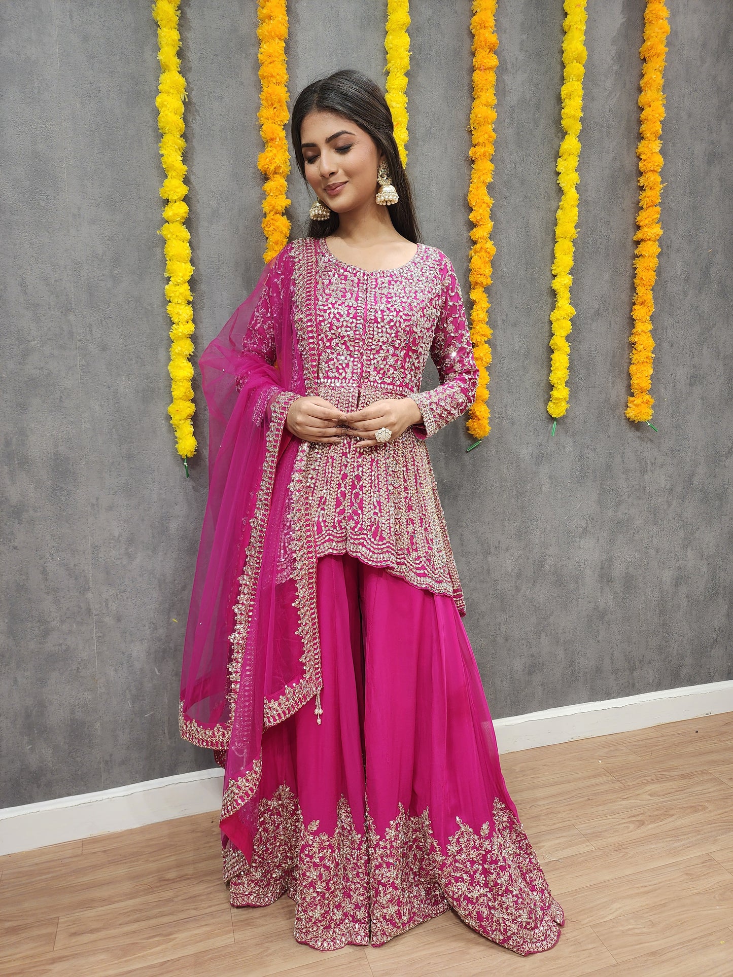 Mannat pink back tale real mirror centre slit suit