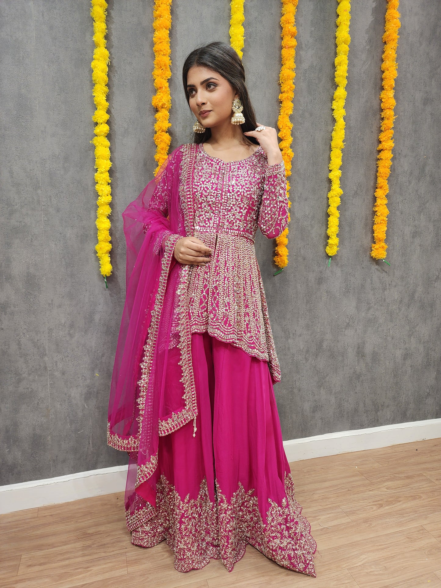 Mannat pink back tale real mirror centre slit suit