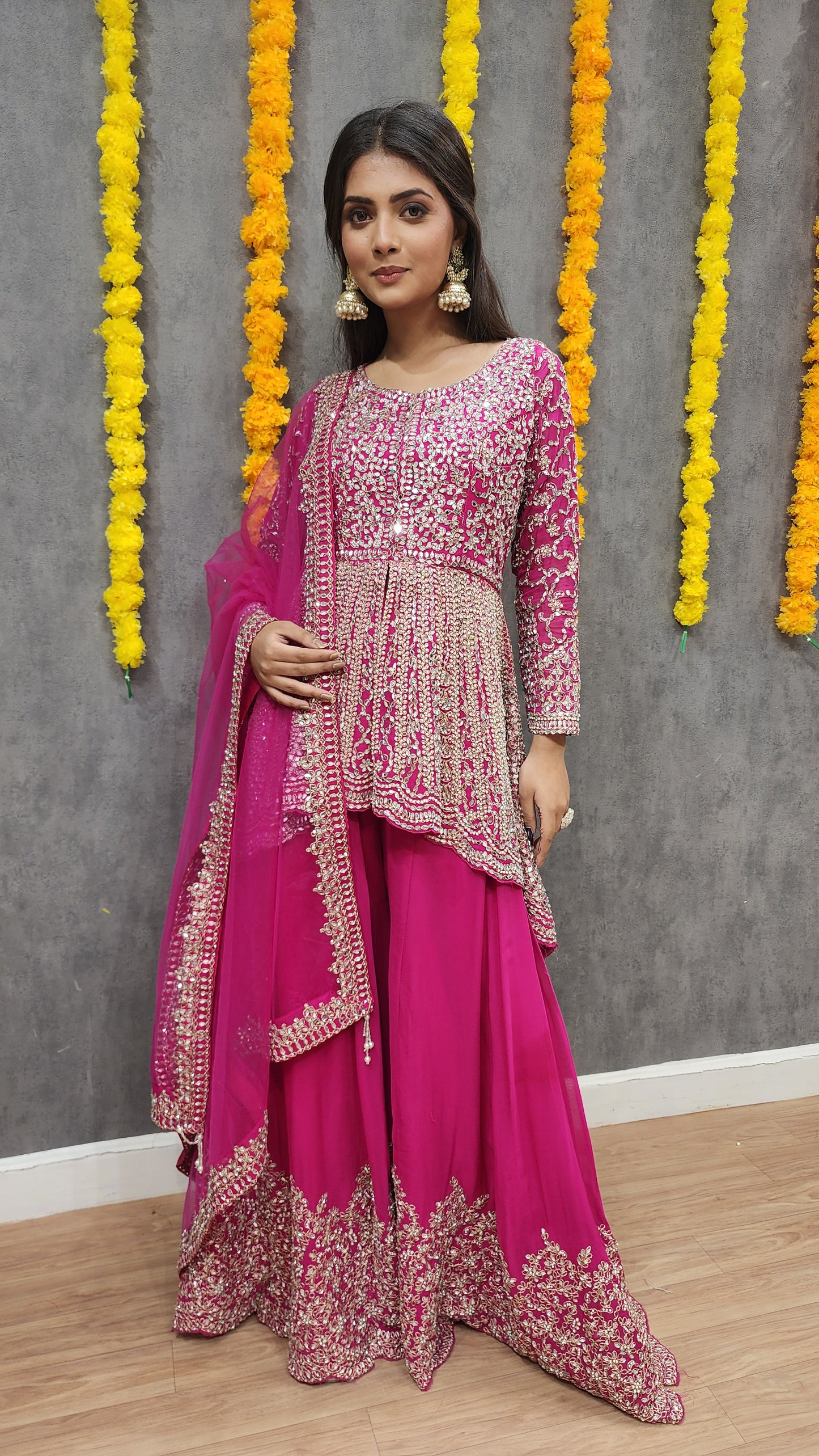 Mannat pink back tale real mirror centre slit suit