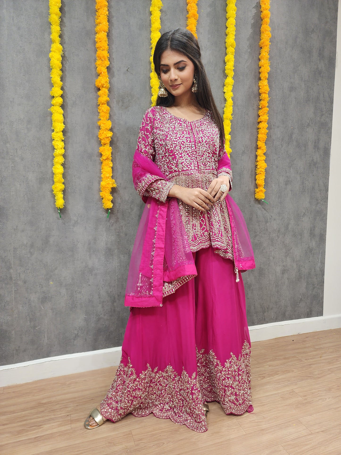 Mannat pink back tale real mirror centre slit suit