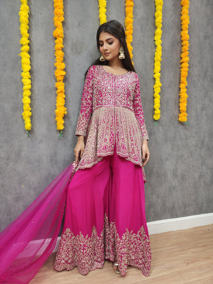 Mannat pink back tale real mirror centre slit suit