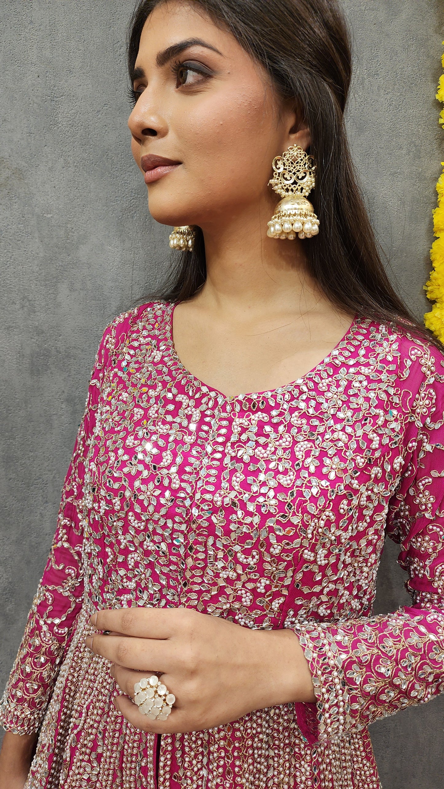 Mannat pink back tale real mirror centre slit suit