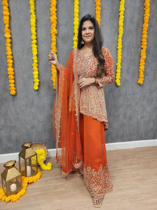 Mannat orange back tale real mirror centre slit suit