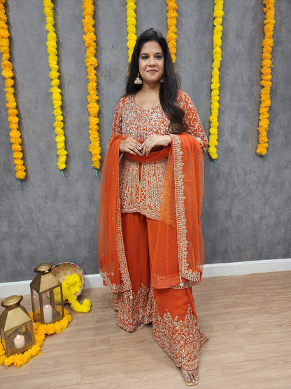 Mannat orange back tale real mirror centre slit suit