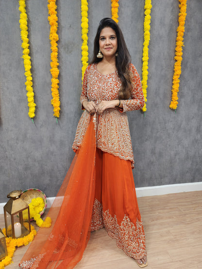 Mannat orange back tale real mirror centre slit suit