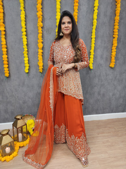 Mannat orange back tale real mirror centre slit suit