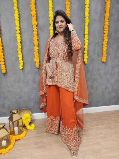 Mannat orange back tale real mirror centre slit suit