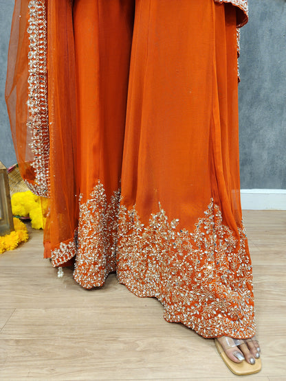 Mannat orange back tale real mirror centre slit suit