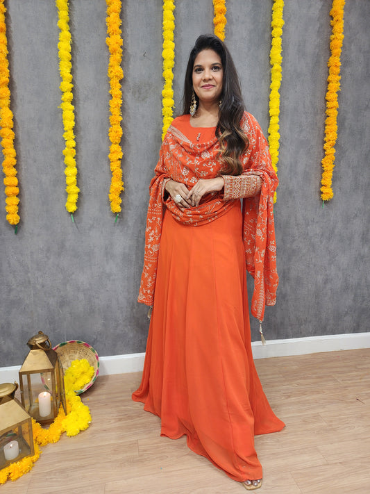 Nazakat orange anarkali suit with designer dupatta