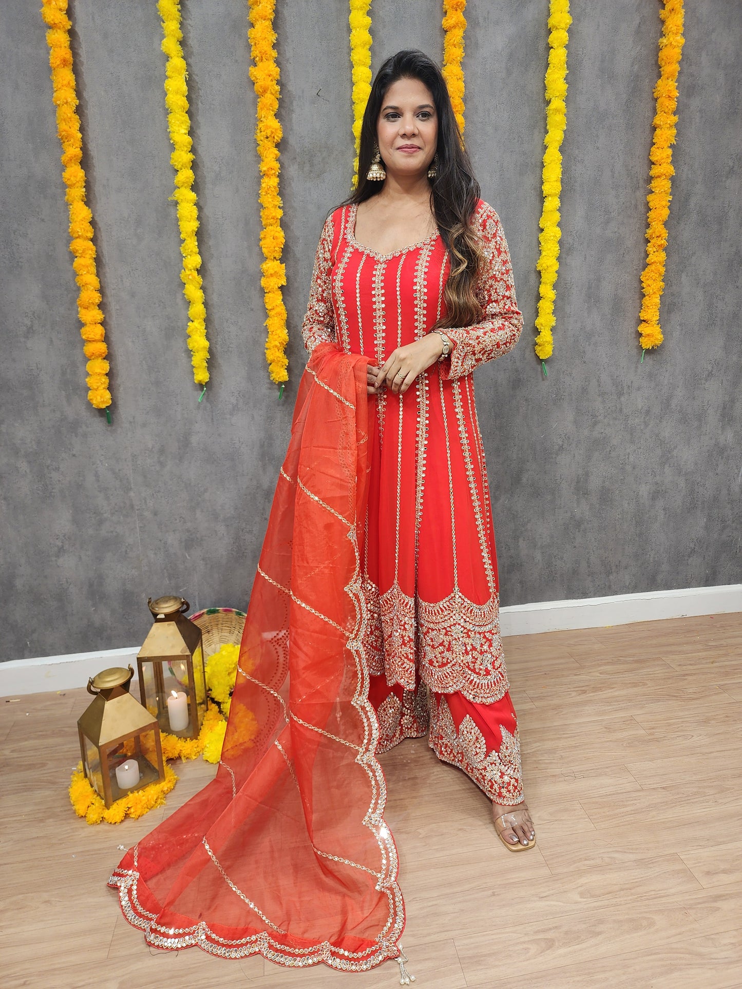 Mahira coral red real mirror anarkali suit