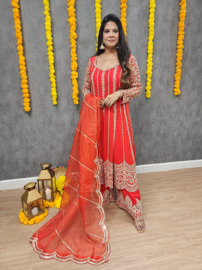 Mahira coral red real mirror anarkali suit