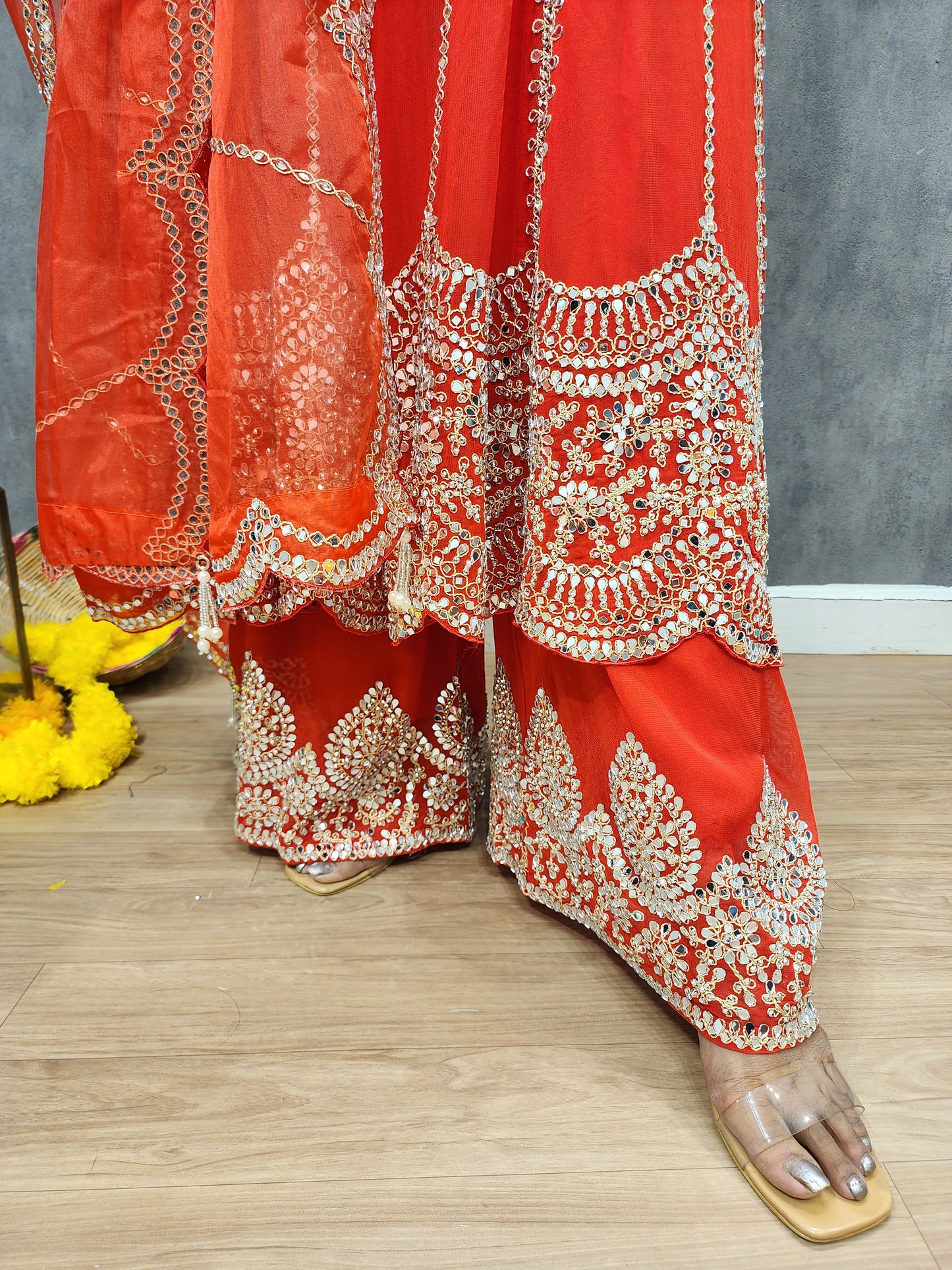 Mahira coral red real mirror anarkali suit