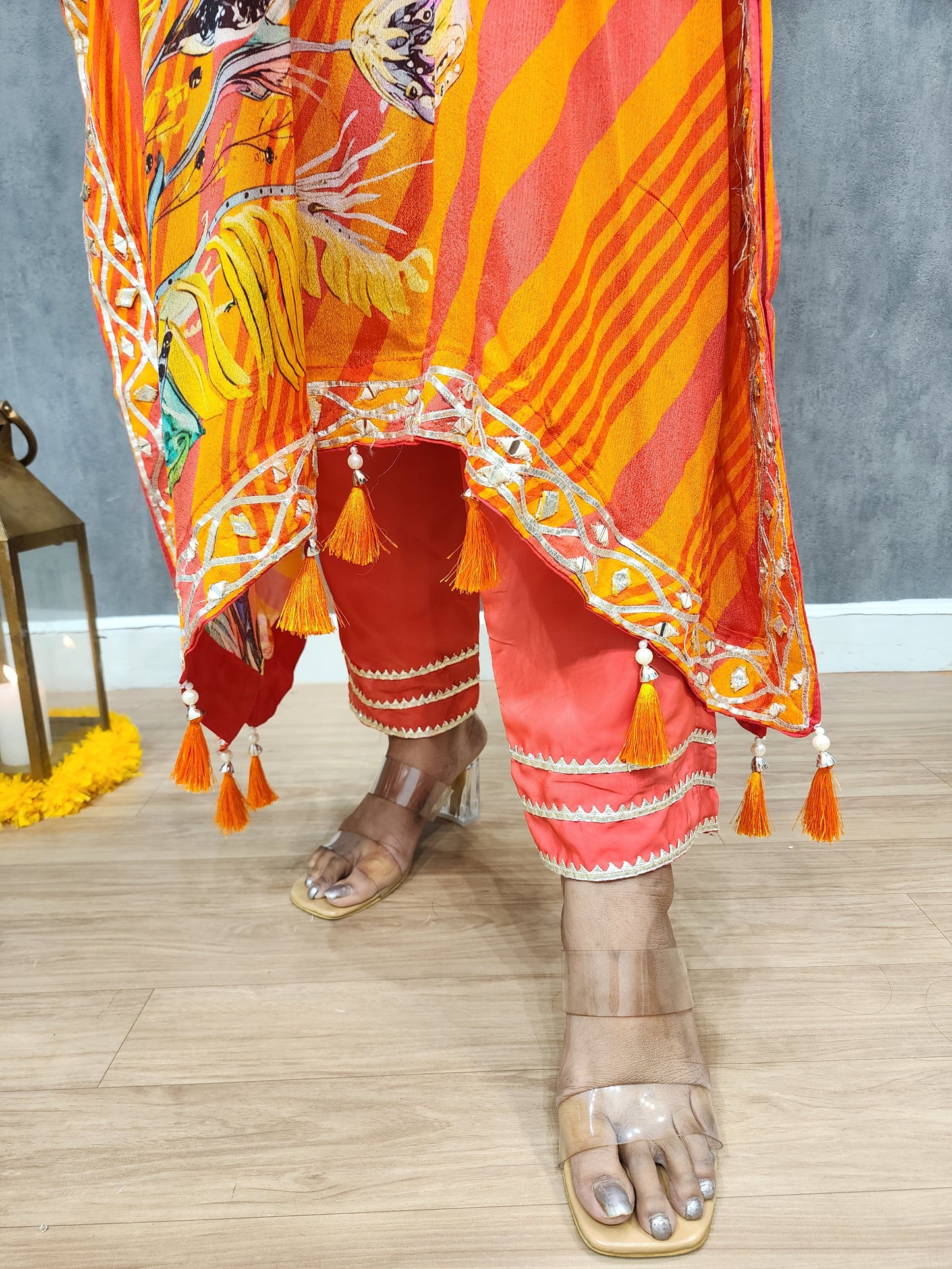 Orange leheriya gotapatti kaftan set