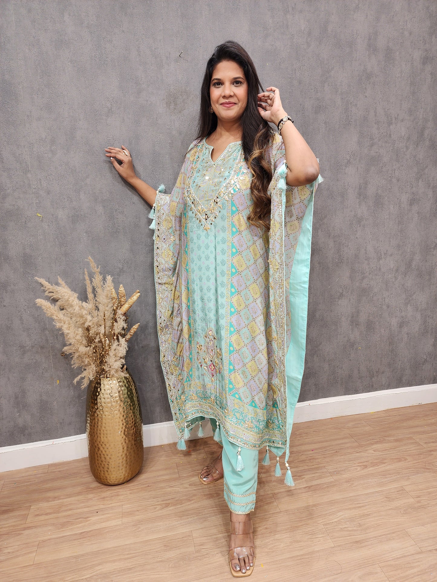 Sky blue Digital print kaftan with gotapatti detailing