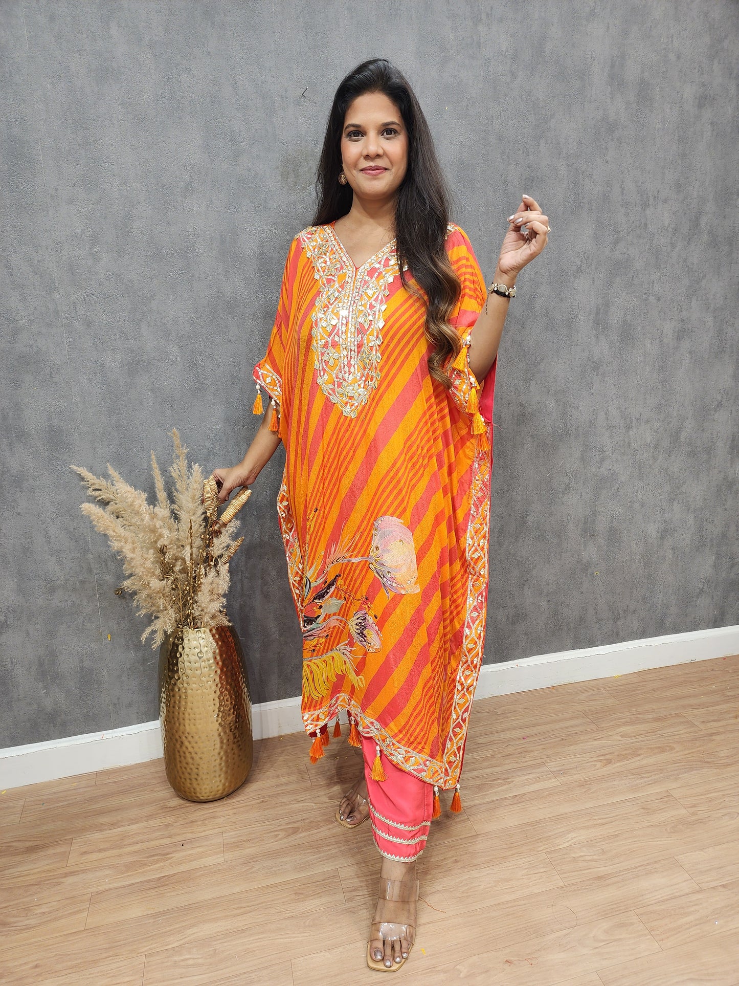 Orange leheriya gotapatti kaftan set