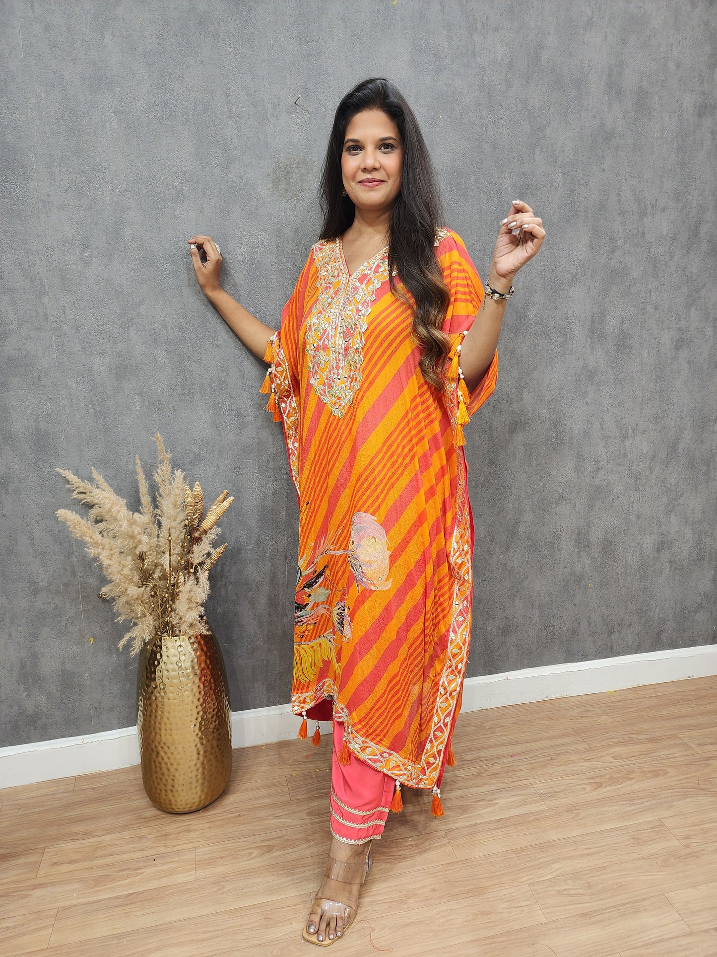 Orange leheriya gotapatti kaftan set