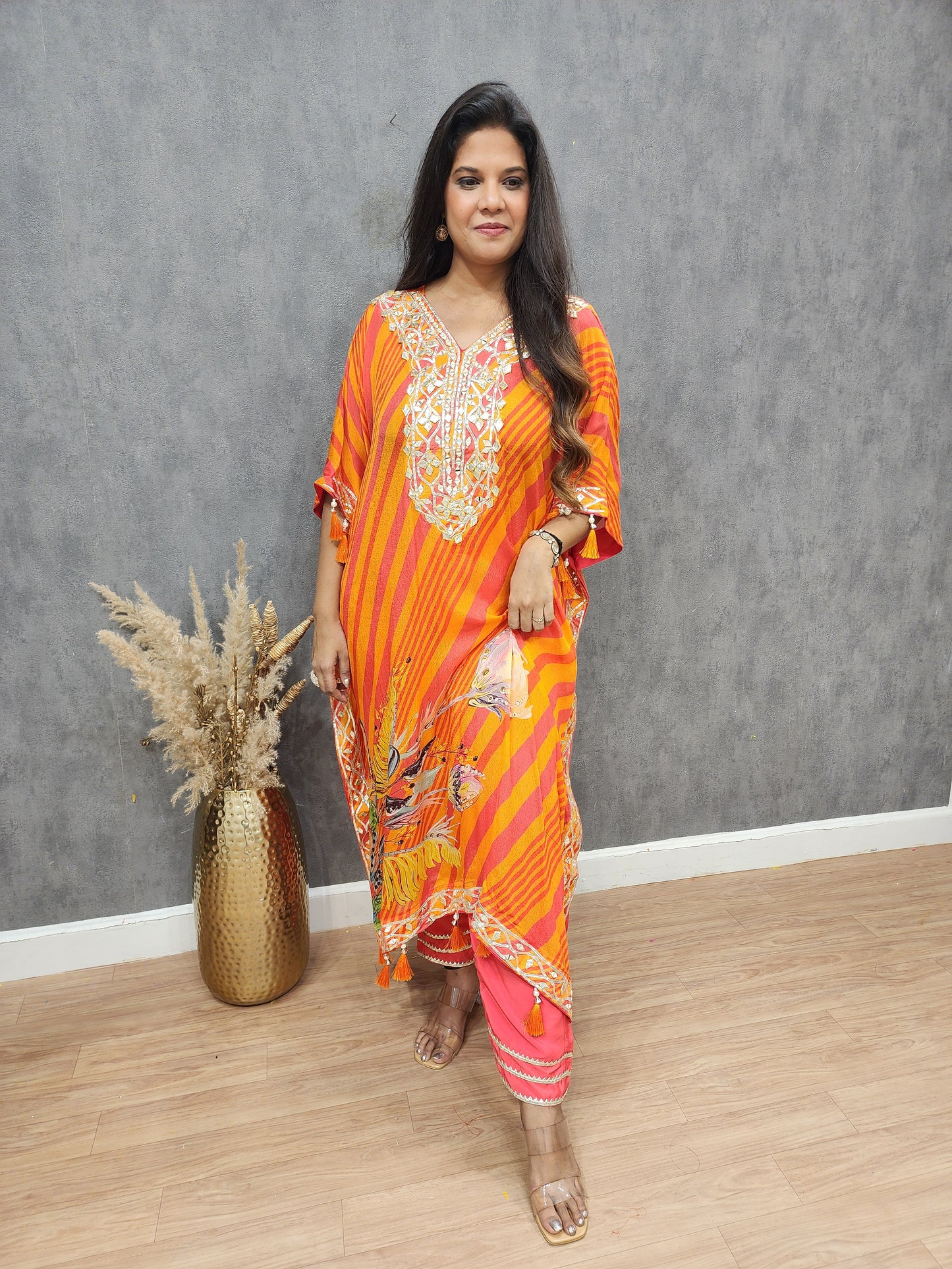 Orange leheriya gotapatti kaftan set