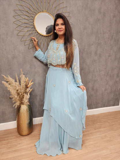 Muskan aqua blue detachable cape layered lehenga