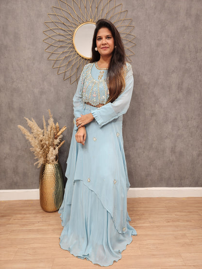 Muskan aqua blue detachable cape layered lehenga