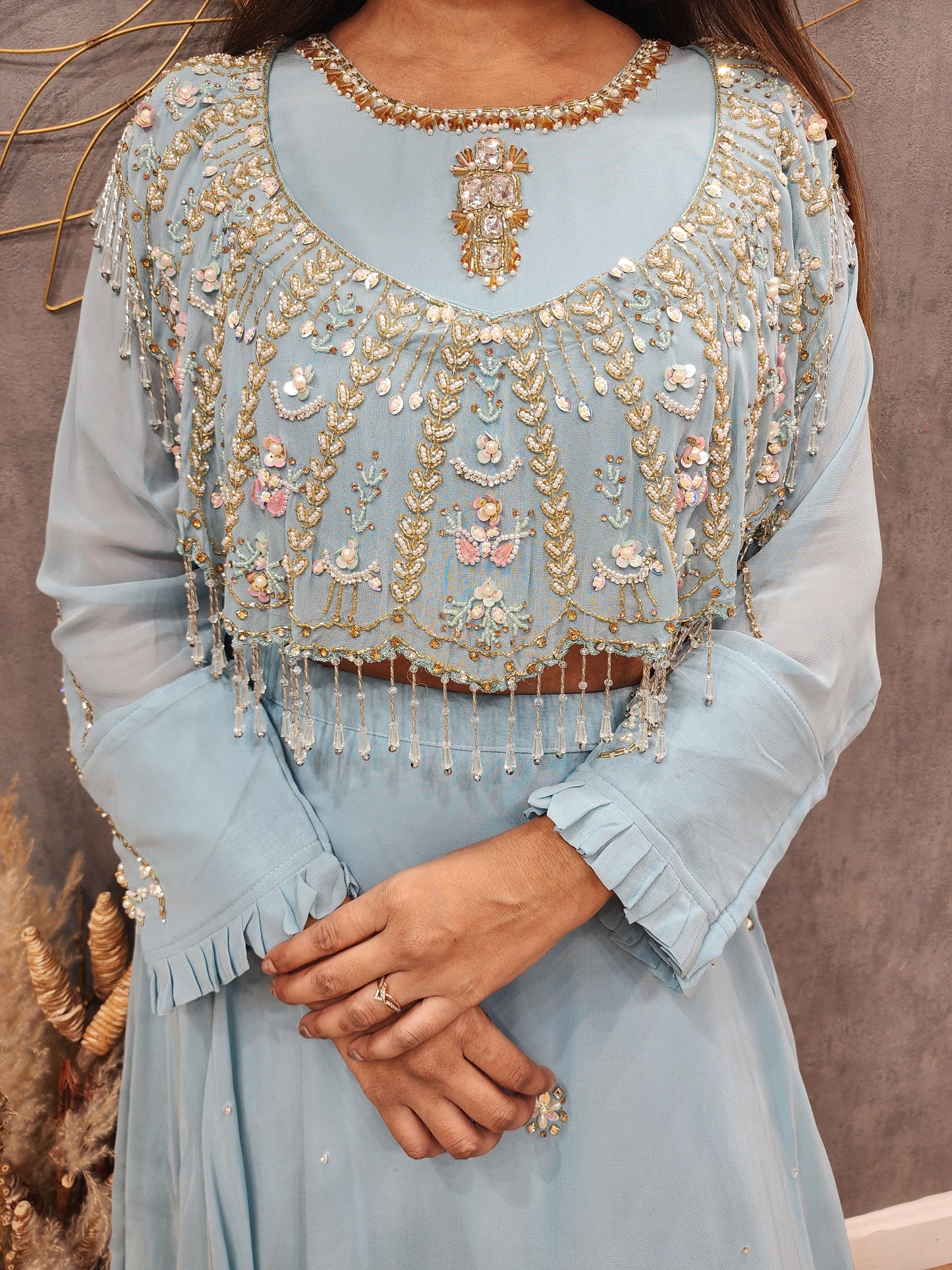 Muskan aqua blue detachable cape layered lehenga