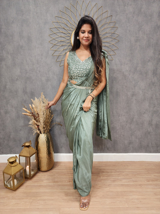 Metalik green drape saree with belt (sleeves available)