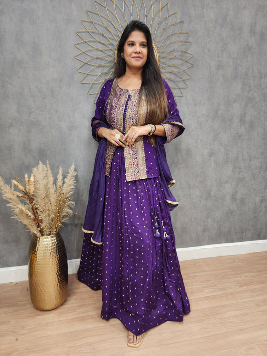 Kaynath purple weaving short peplum lehenga suit