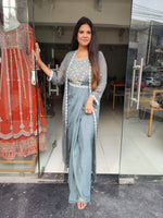 Metallick green drape indowestern long jacket saree