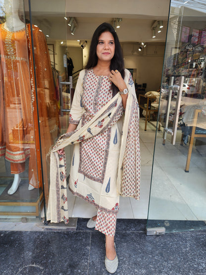 Block print straight cut suit