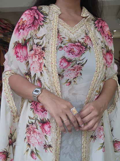 Digital print gown with cape