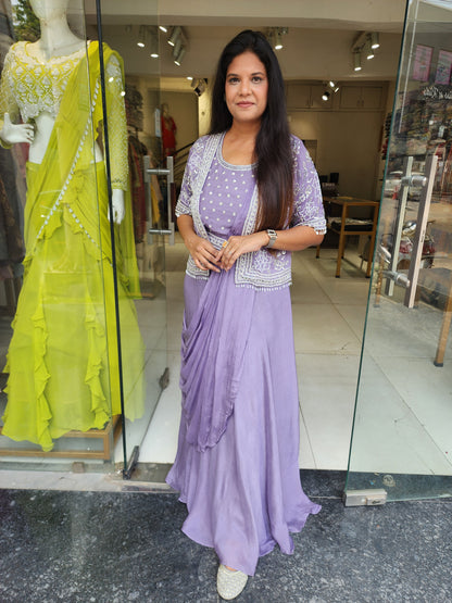 Lavender drape gown with jacket and belt
