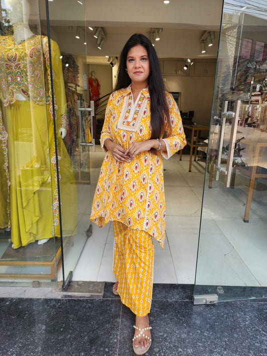 Yellow ikkat print co-ord set
