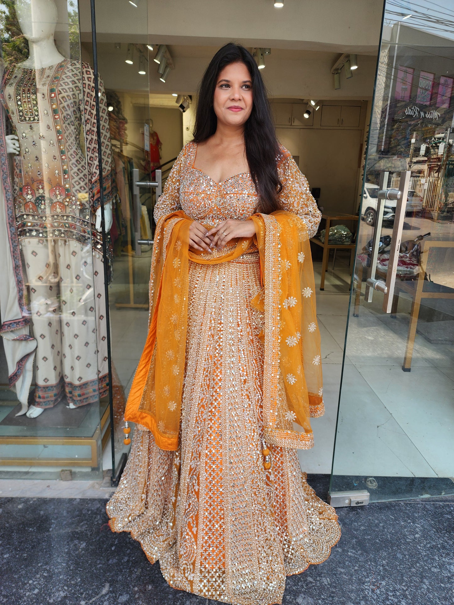 Mannat real mirror orange lehenga