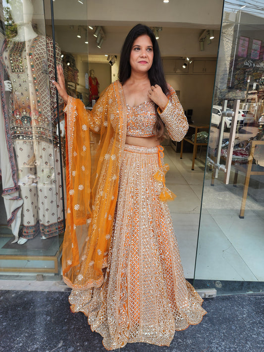 Mannat real mirror orange lehenga