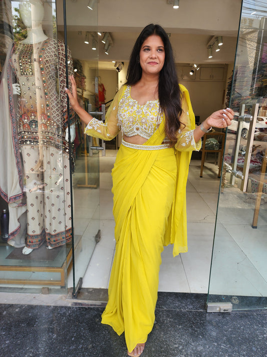 Lime yellow cutwork drape saree