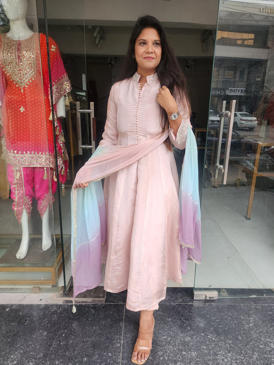Light peachy pink tissue suit with 3d dupatta