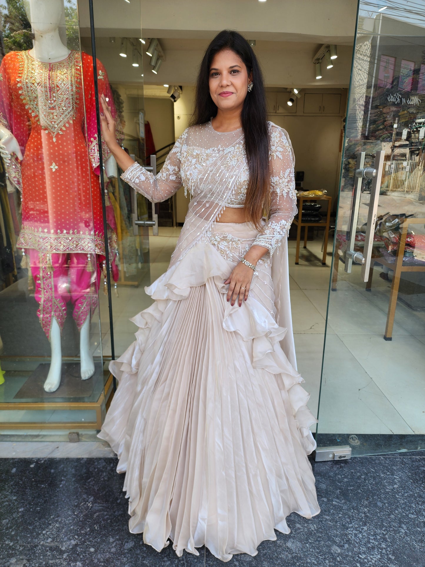 Mahima Ivory jimmy choo drape lehenga