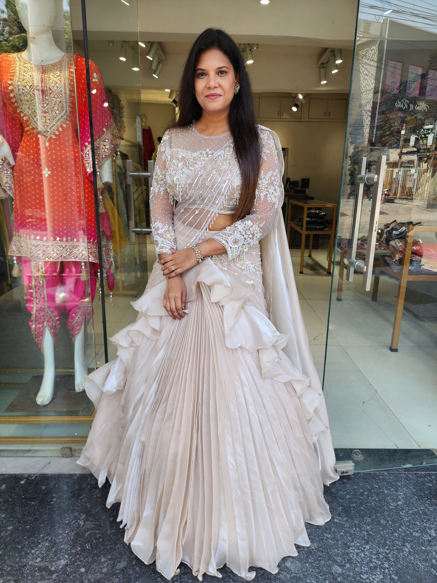 Mahima Ivory jimmy choo drape lehenga